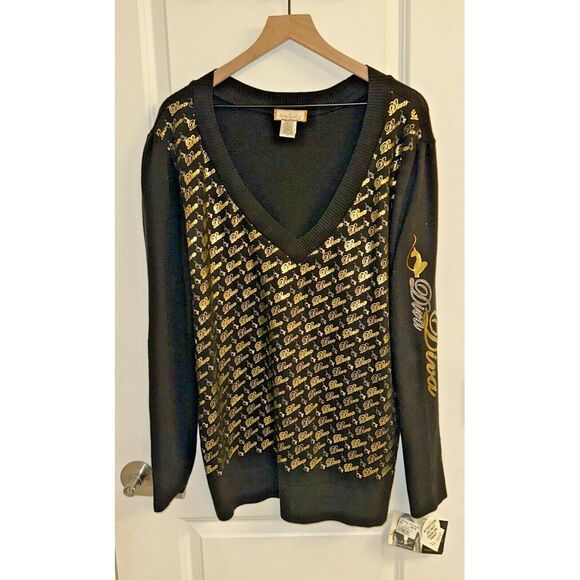Baby Phat Sweaters - Baby Phat Women Size 2X Diva Spellout V-Neck Embellished Sweater Black Gold Y2K